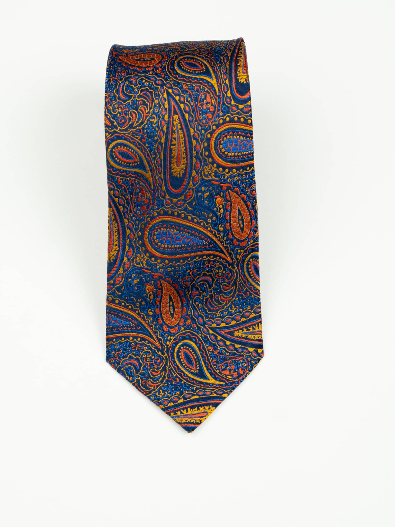 (product) Cravată paisley mix portocaliu-albastru, mătase naturală, Crv009