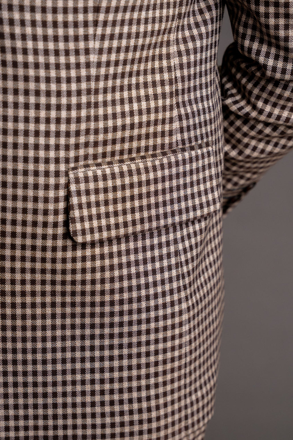 Beige and brown checkered men's blazer from CoutureforGentlemen, featuring a classic tailored fit and stylish design.