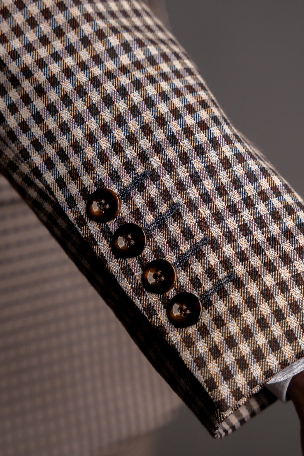 Beige and brown checkered men's blazer by CoutureforGentlemen, tailored fit with lapel collar and stylish design.