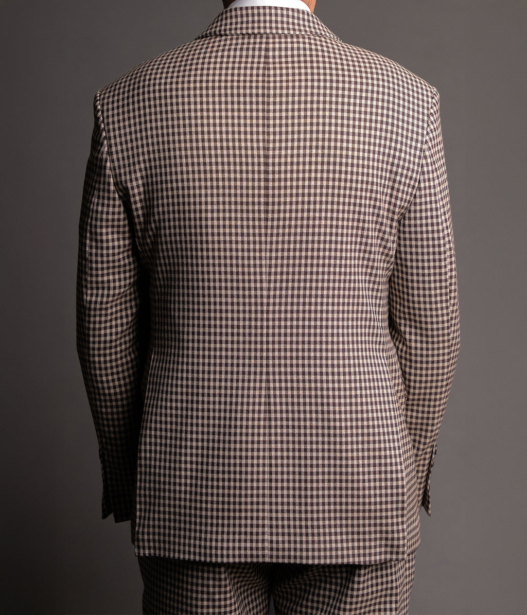 Beige and brown plaid men's blazer by CoutureforGentlemen, tailored fit with lapel collar and front pockets.