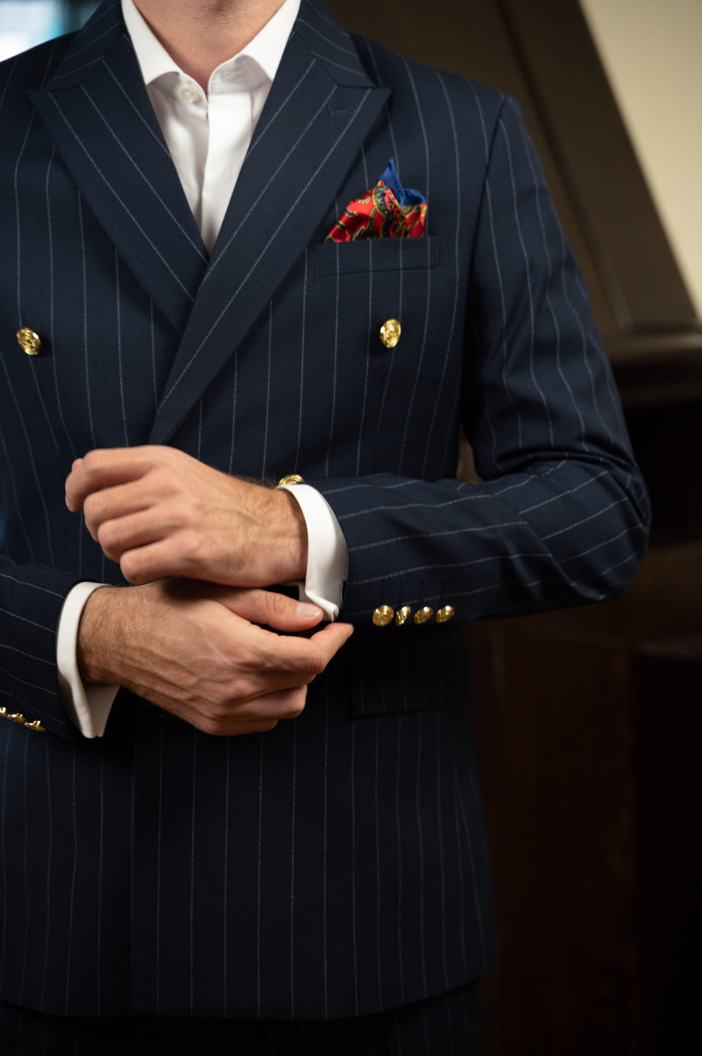 (product) Costum Barbati Bleumarin Dungi la Doua Randuri de nasturi Tailored Fit Cfg322