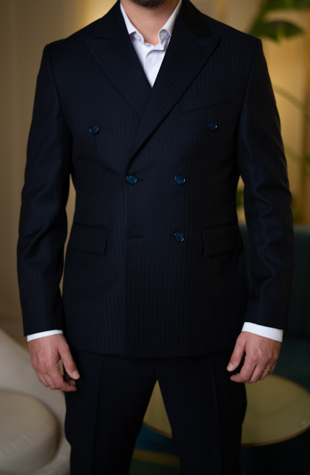 Costum barbati bleumarin premium doua randuri 100% lana VBC