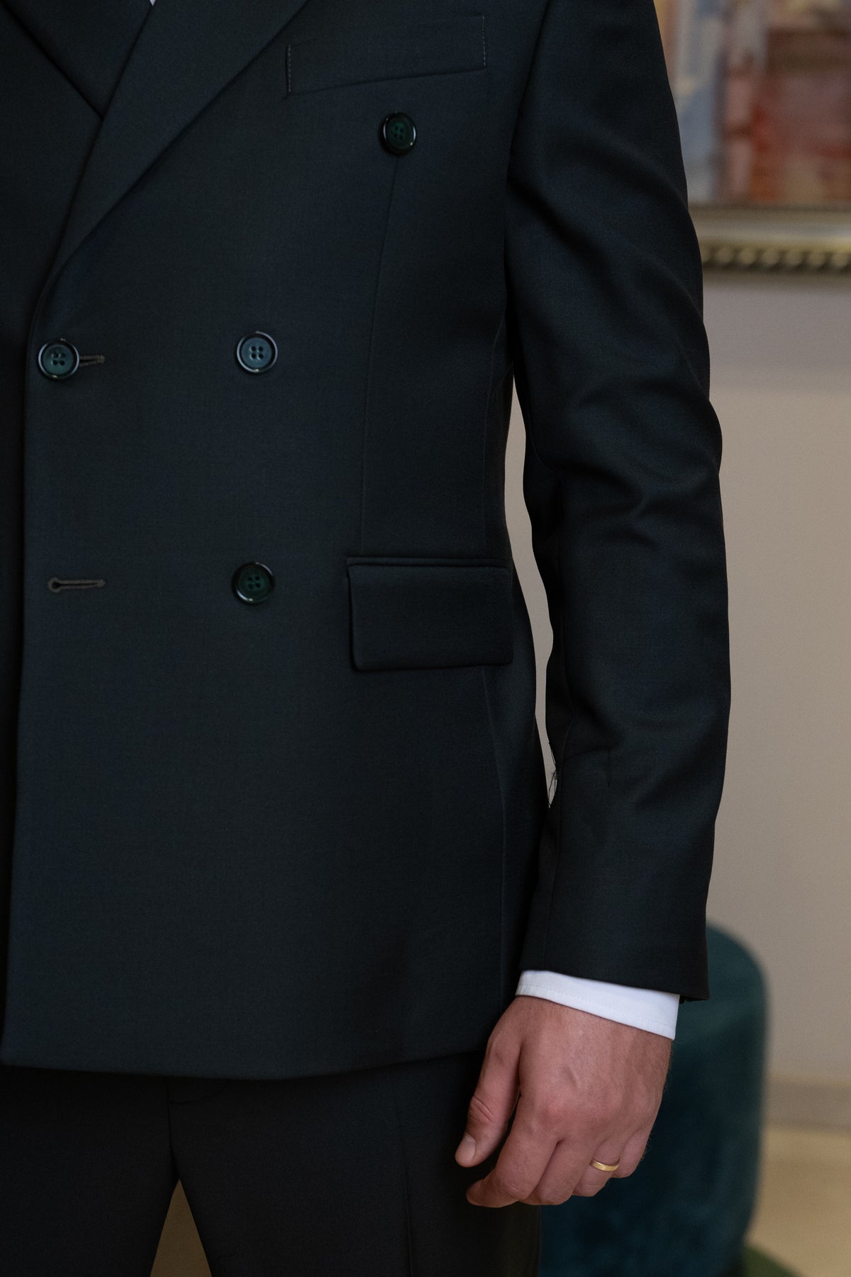 Costum barbati verde inchis doua randuri 100% lana VBC