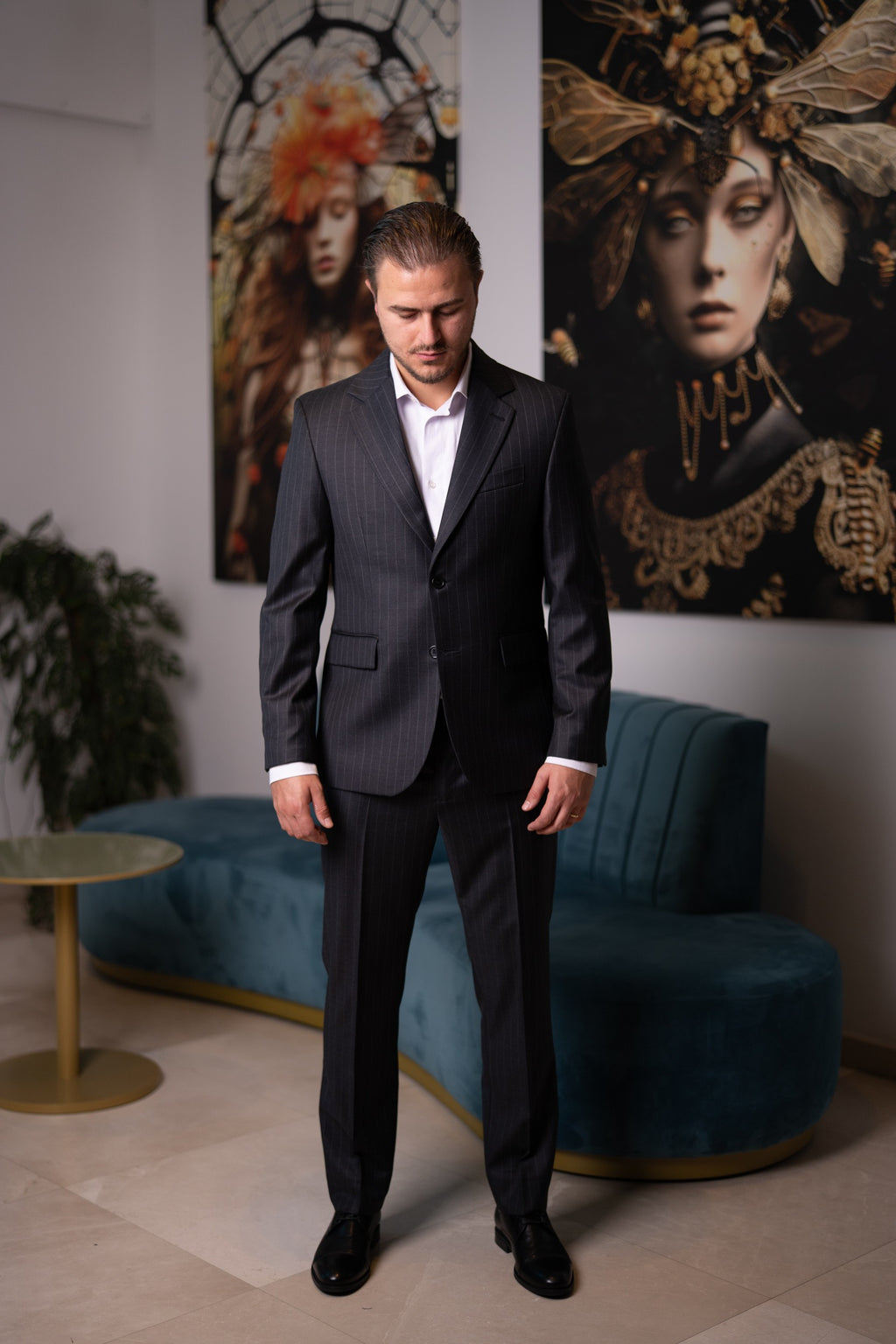 Costum barbati gri antracit dungi 100% lana Vitale Barberis Canonico