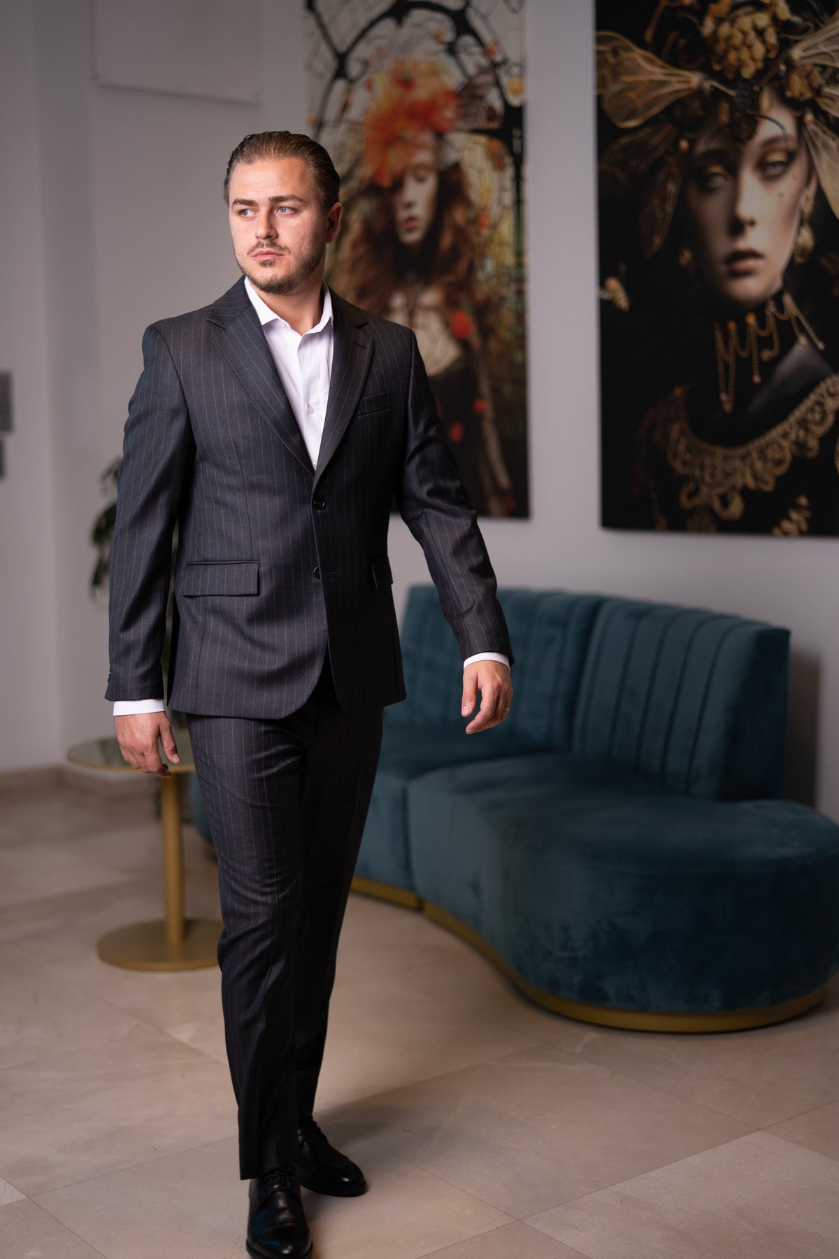 Costum barbati gri antracit dungi 100% lana Vitale Barberis Canonico