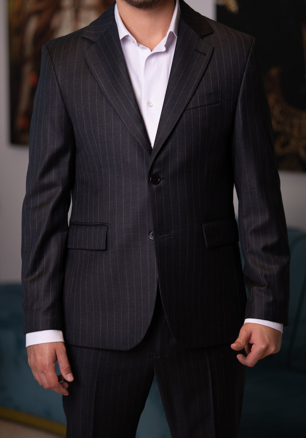 Costum barbati gri antracit dungi 100% lana Vitale Barberis Canonico