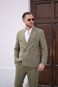 Costum barbati doua randuri nasturi din in verde olive dungi
