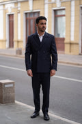 Costum barbati bleumarin in dungi premium doua randuri 100% lana VBC