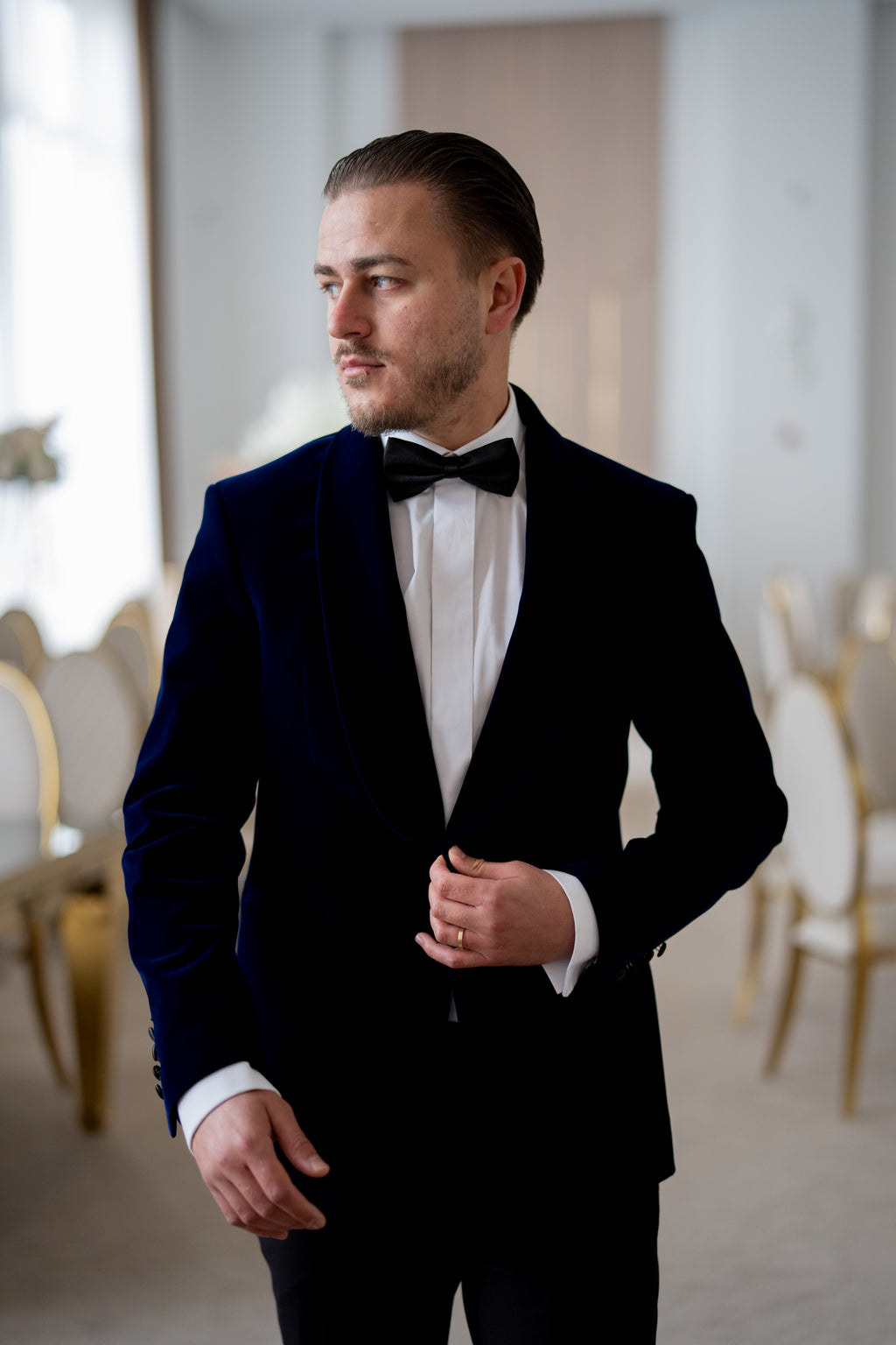 Costum ceremonie catifea bleumarin rever sal