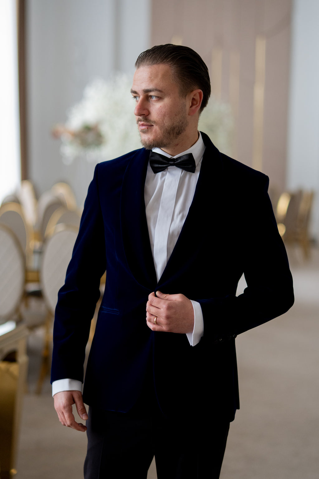 Costum ceremonie catifea bleumarin rever sal