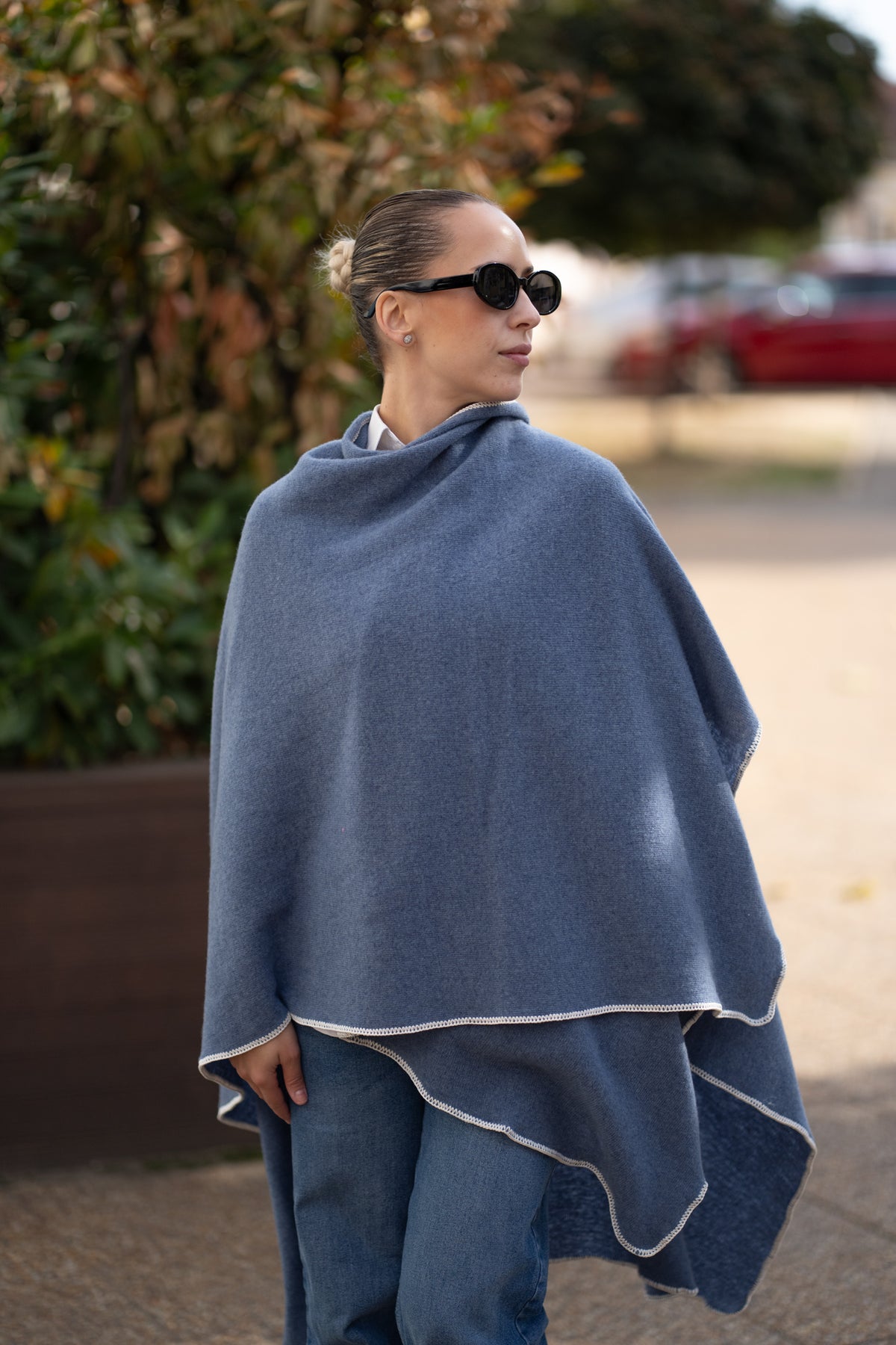 Poncho pentru dama din 100% lana, albastru petrol