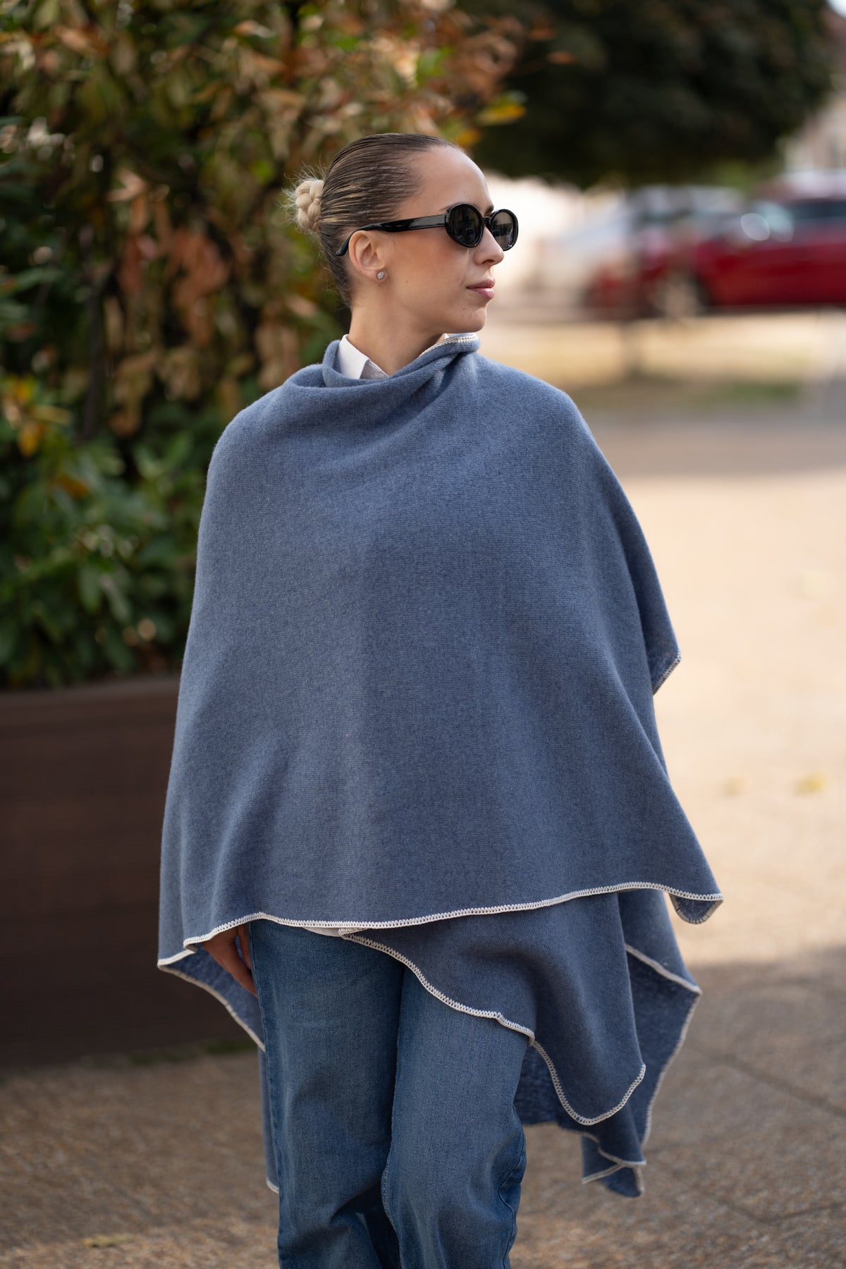 Poncho pentru dama din 100% lana, albastru petrol