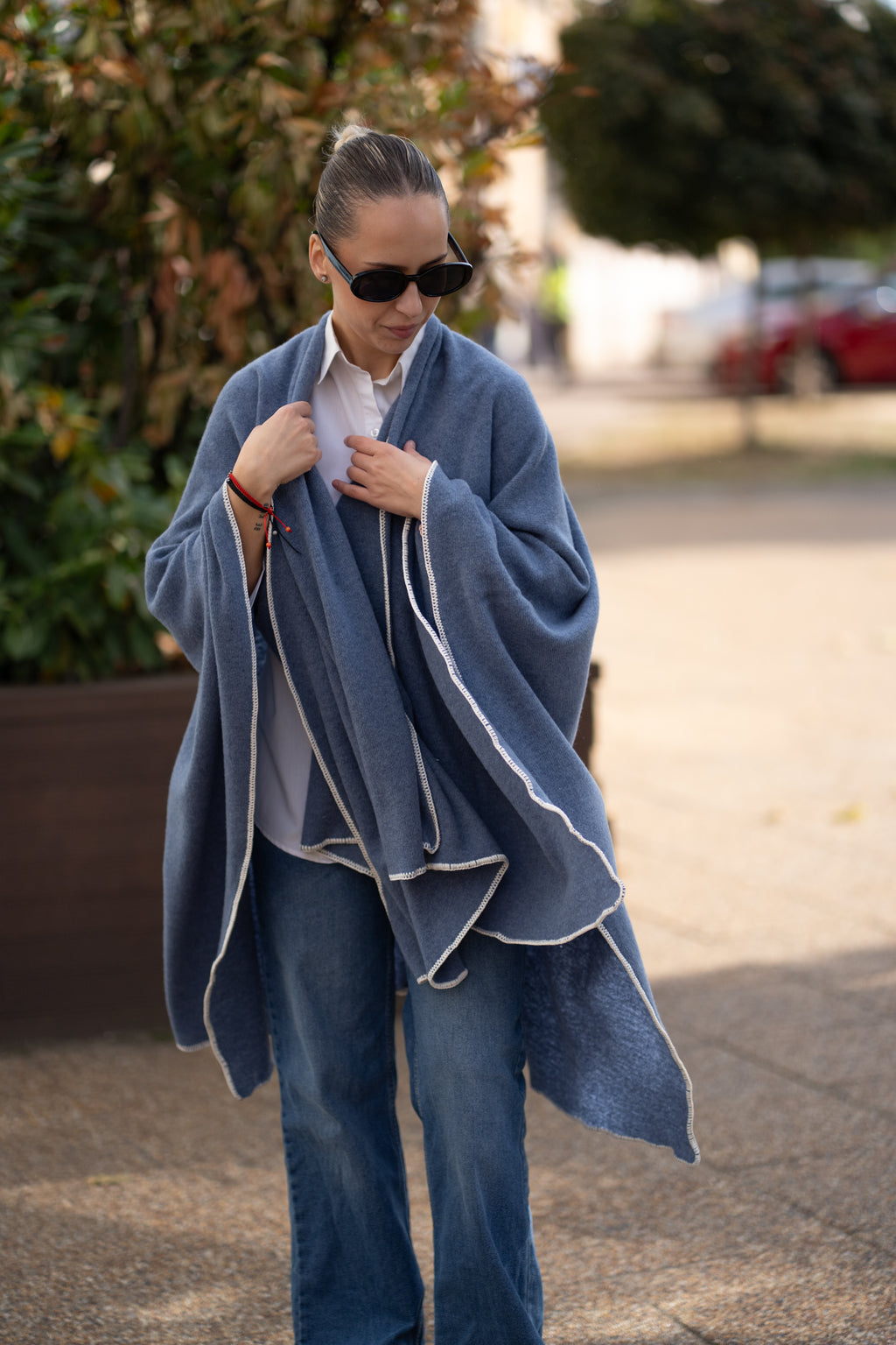 Poncho pentru dama din 100% lana, albastru petrol