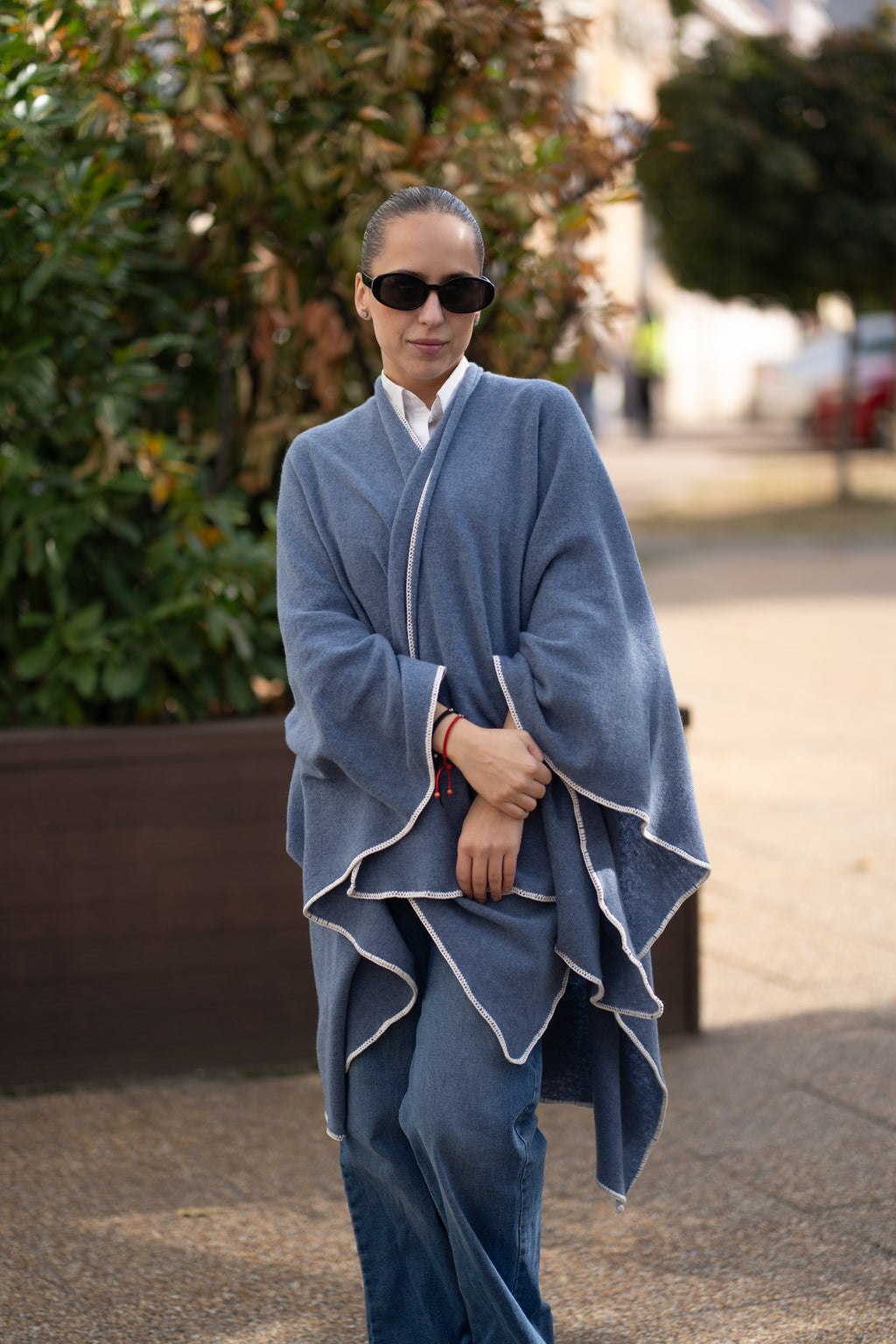 Poncho pentru dama din 100% lana, albastru petrol