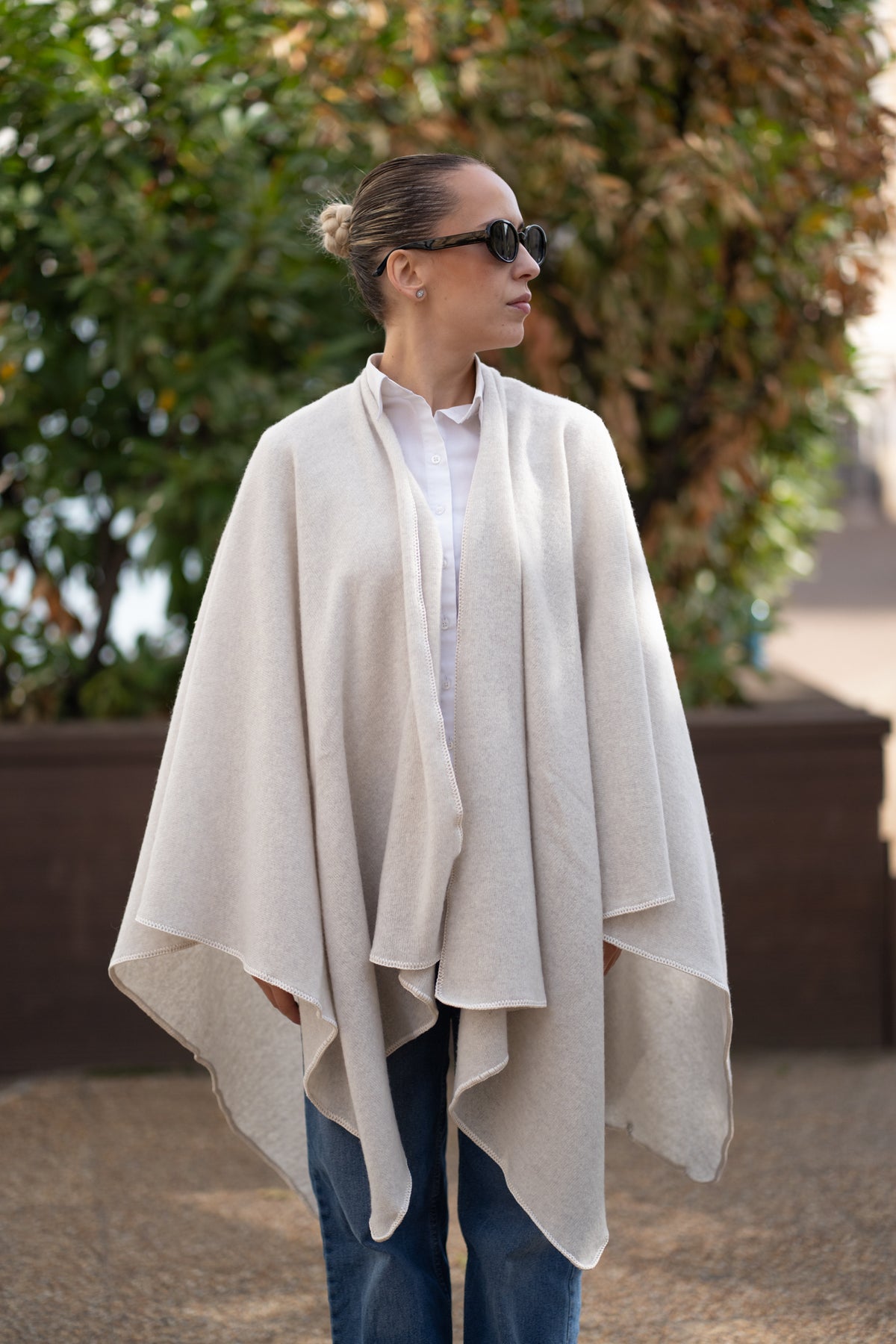 Poncho pentru dama din 100% lana, bej deschis