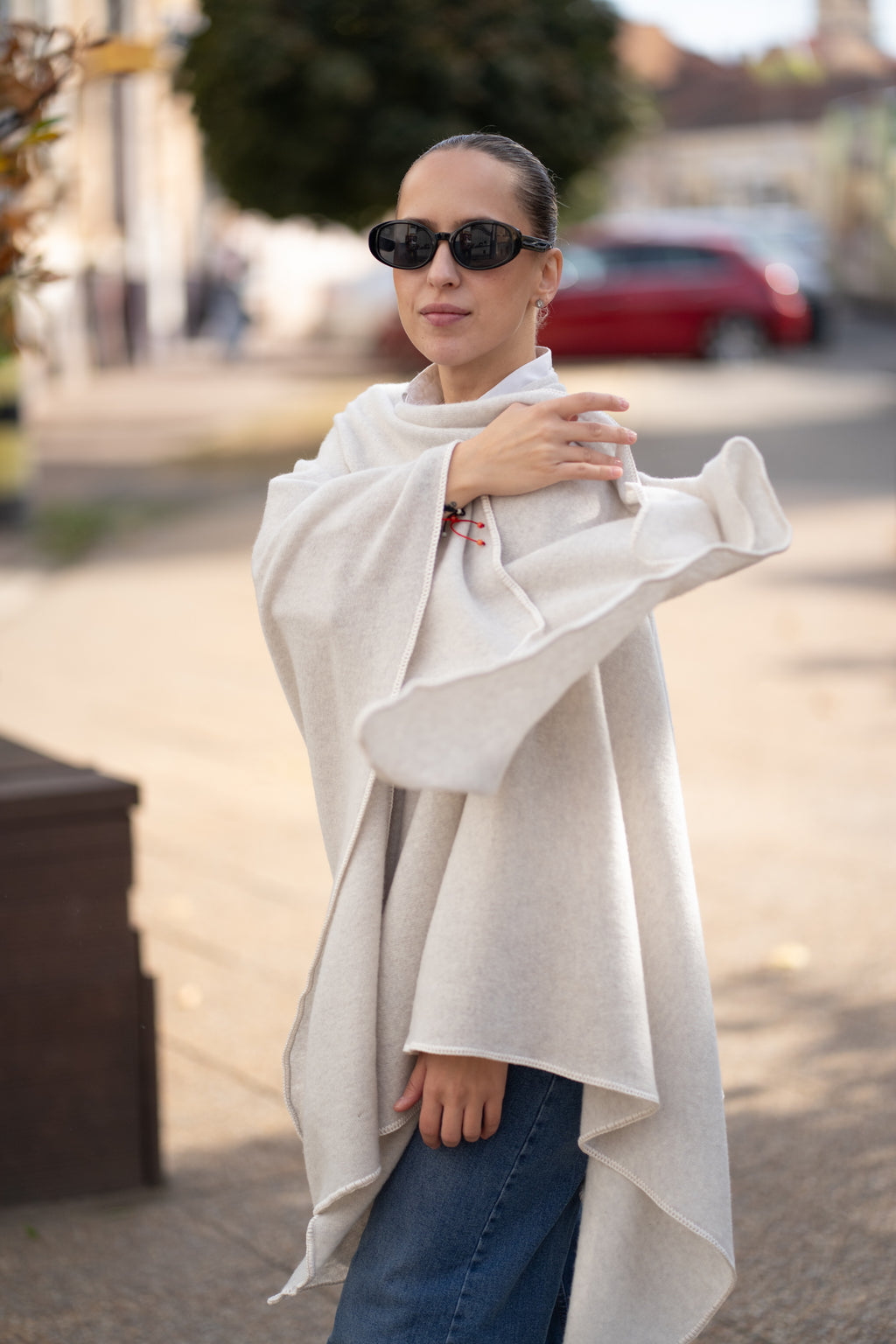 Poncho pentru dama din 100% lana, bej deschis