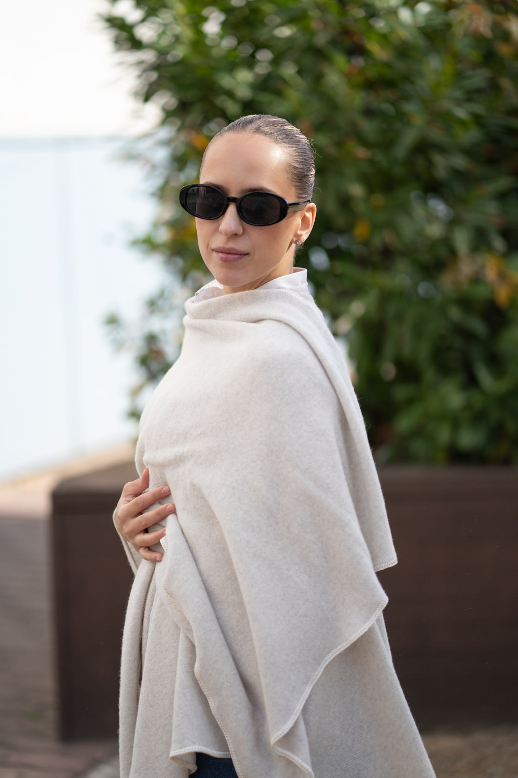 Poncho pentru dama din 100% lana, bej deschis