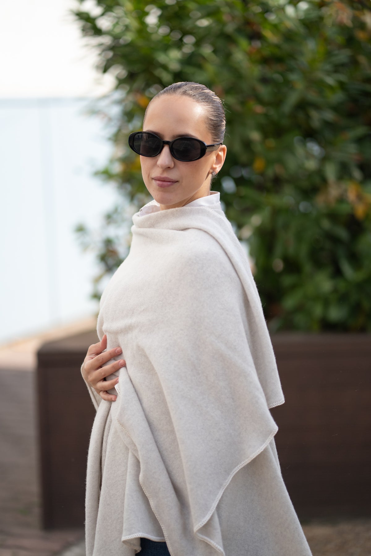 Poncho pentru dama din 100% lana, bej deschis