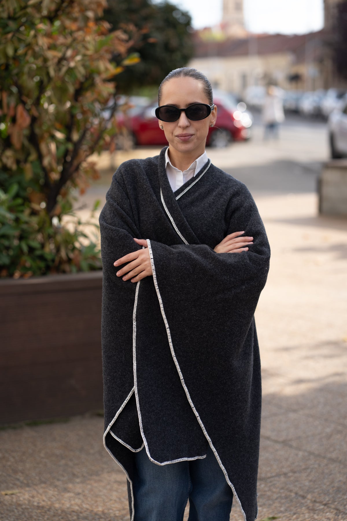 Poncho pentru dama din 100% lana, gri antracit