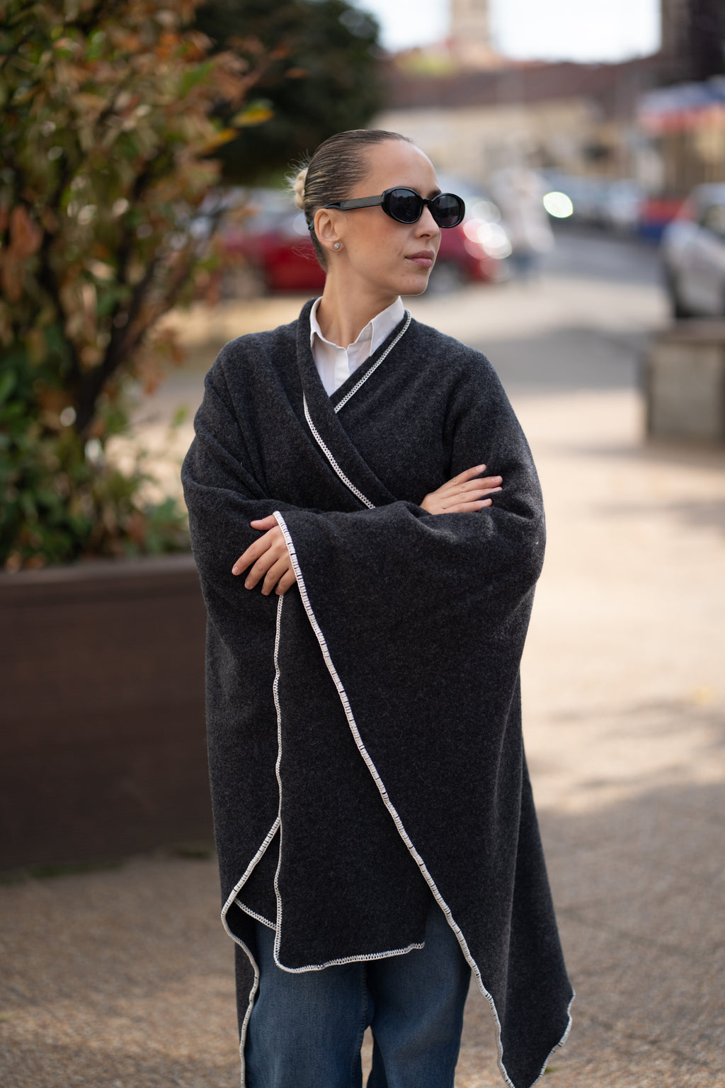 Poncho pentru dama din 100% lana, gri antracit