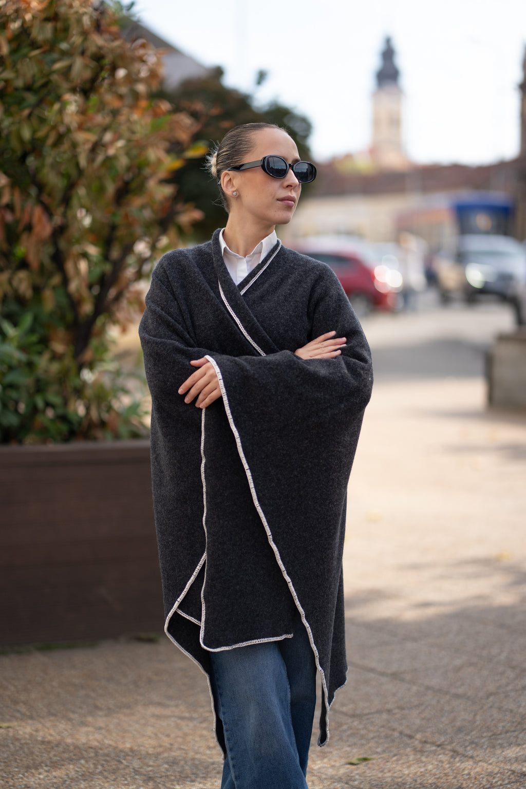 Poncho pentru dama din 100% lana, gri antracit