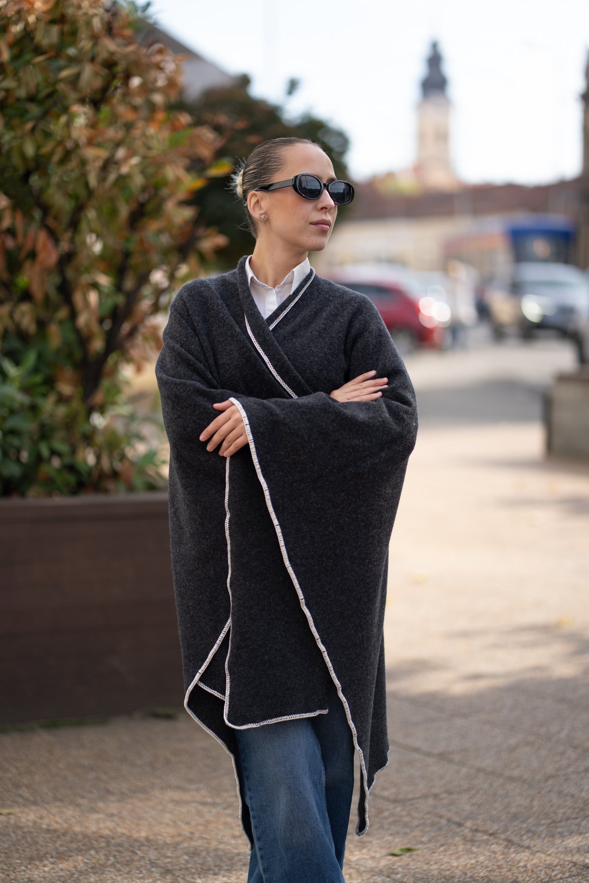 Poncho pentru dama din 100% lana, gri antracit