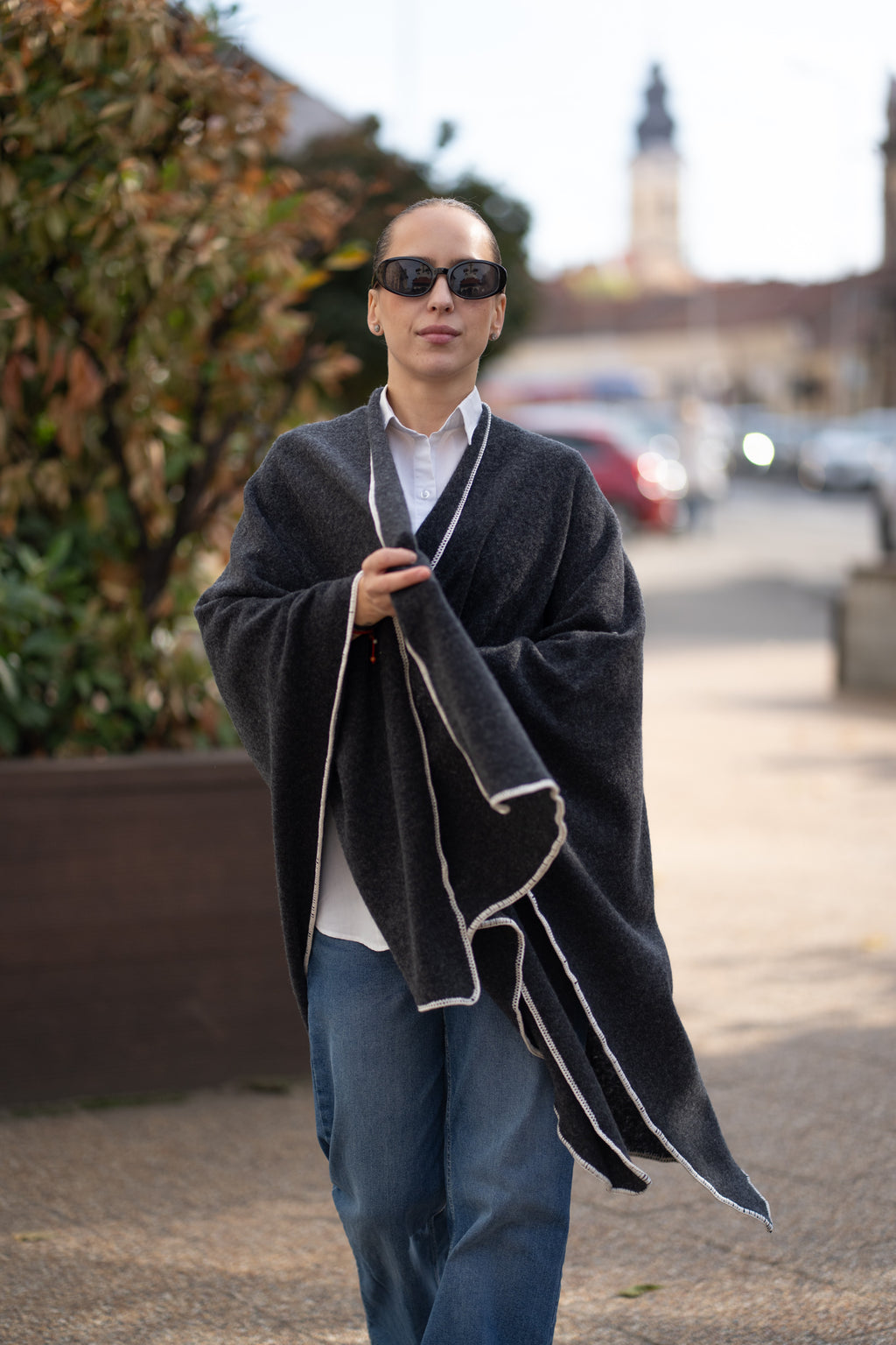 Poncho pentru dama din 100% lana, gri antracit