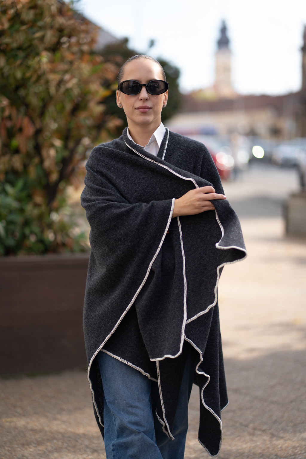 Poncho pentru dama din 100% lana, gri antracit