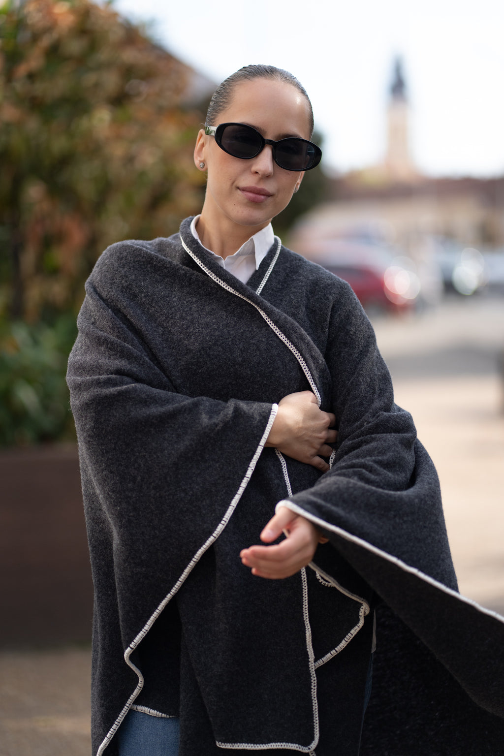 Poncho pentru dama din 100% lana, gri antracit