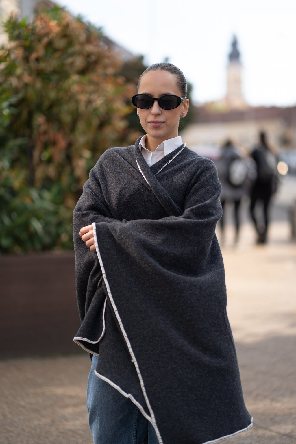 Poncho pentru dama din 100% lana, gri antracit