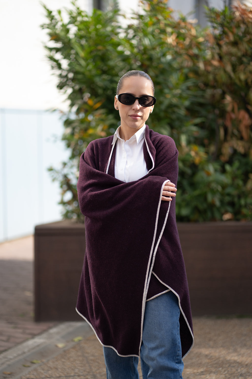 Poncho pentru dama din 100% lana, bordo