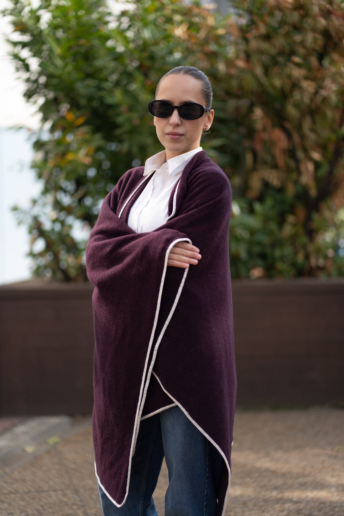 Poncho pentru dama din 100% lana, bordo