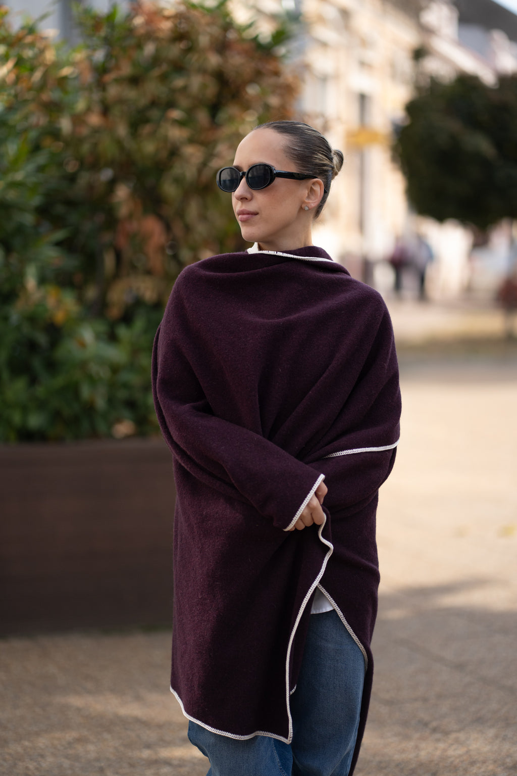 Poncho pentru dama din 100% lana, bordo