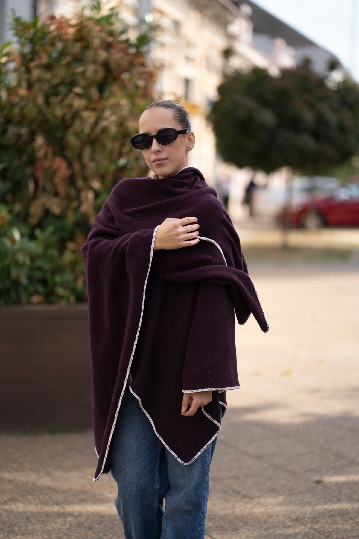 Poncho pentru dama din 100% lana, bordo