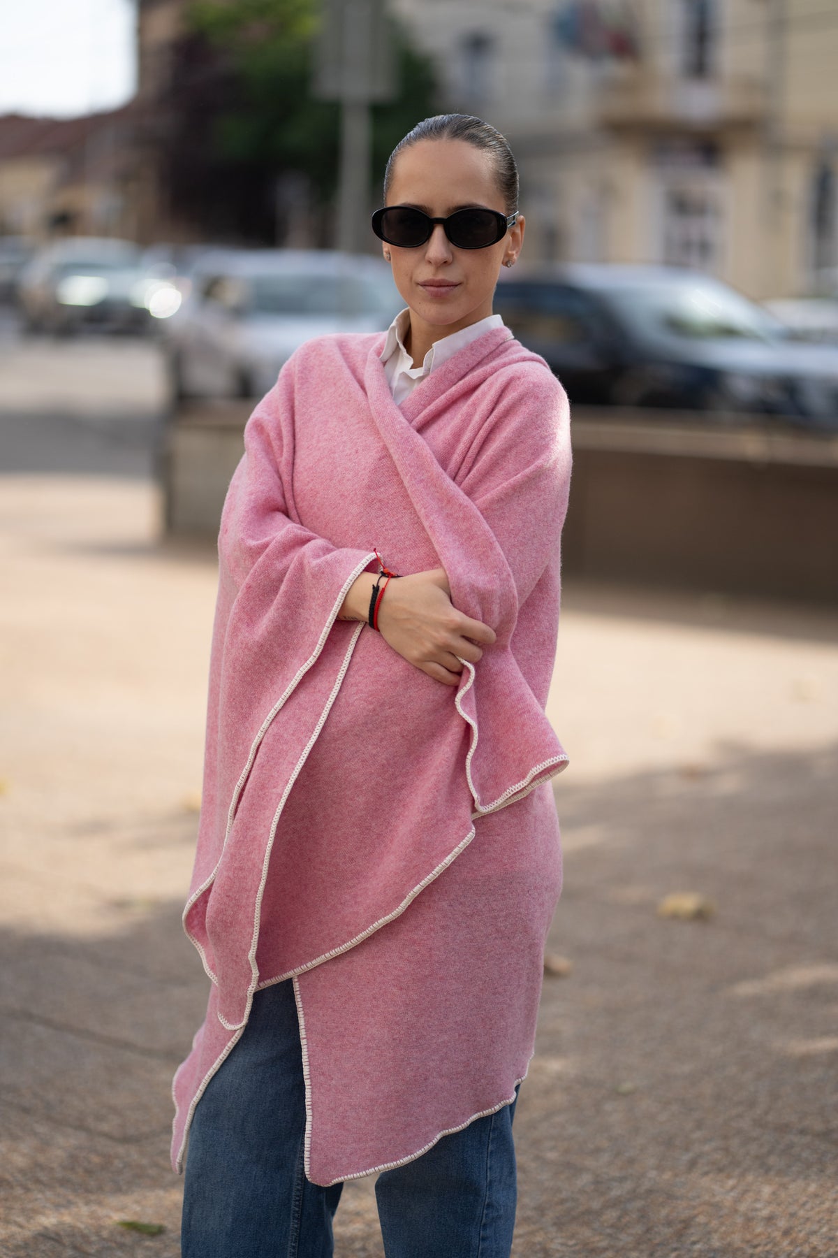 Poncho pentru dama din 100% lana, roz