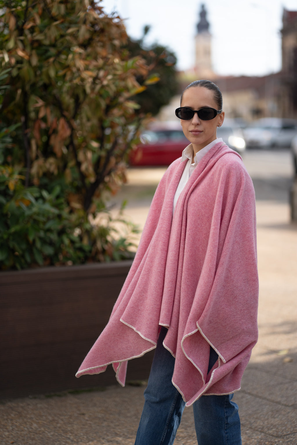 Poncho pentru dama din 100% lana, roz