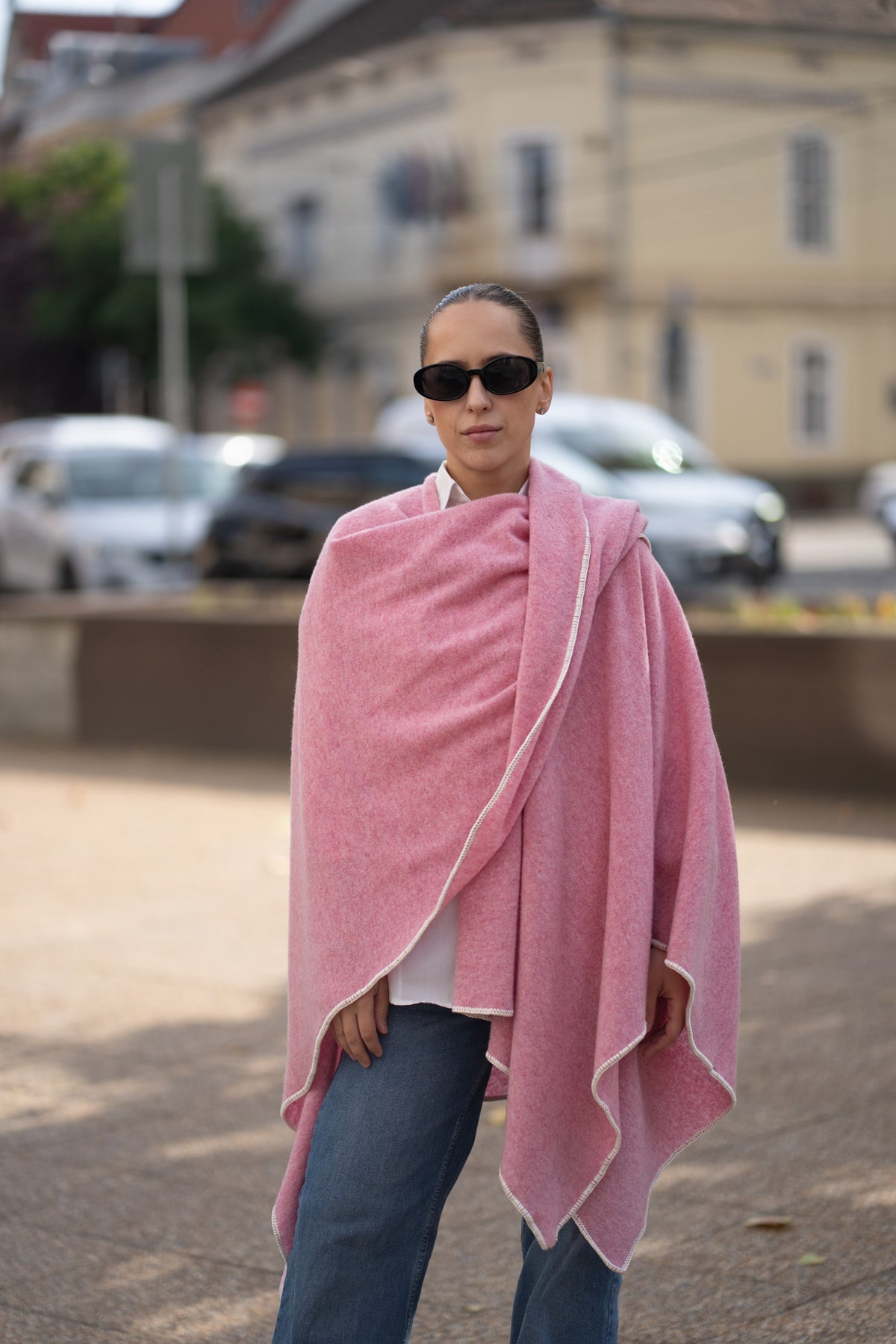 Poncho pentru dama din 100% lana, roz