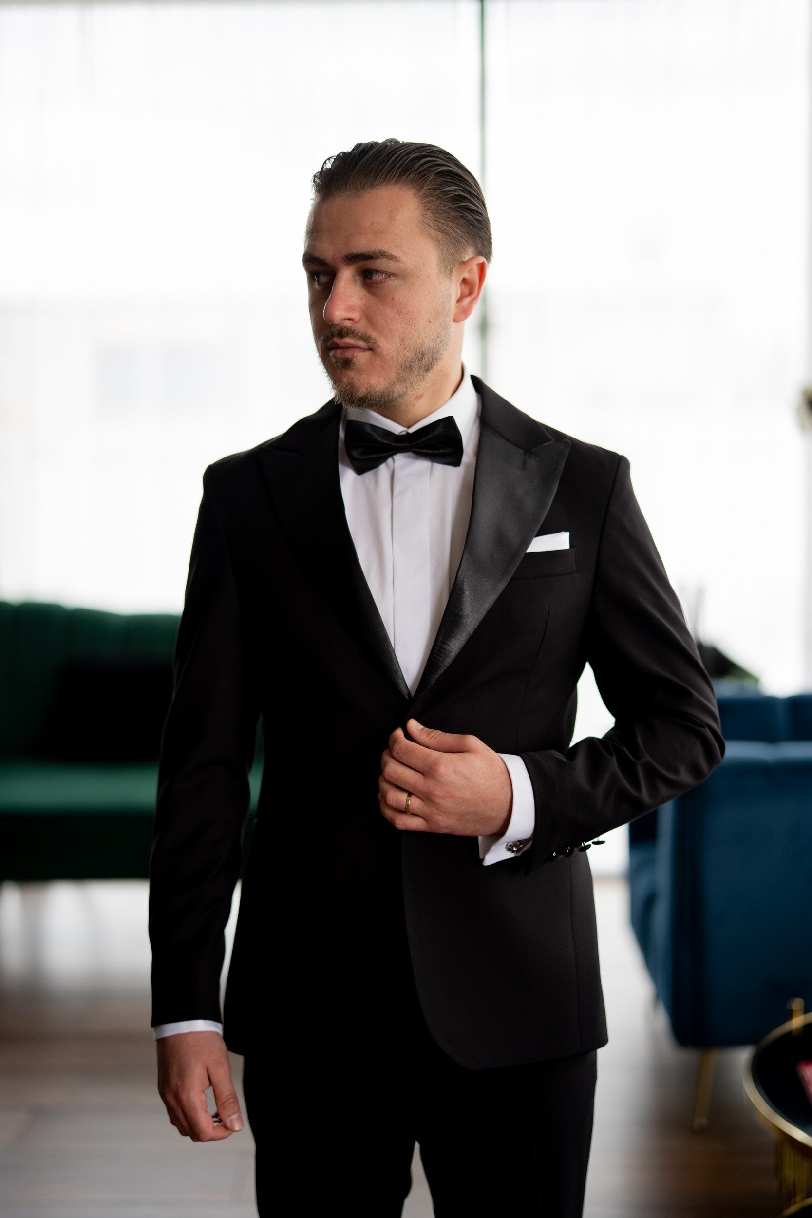 Costum barbati nunta negru Rever Ascutit Tailored Fit Cfg331