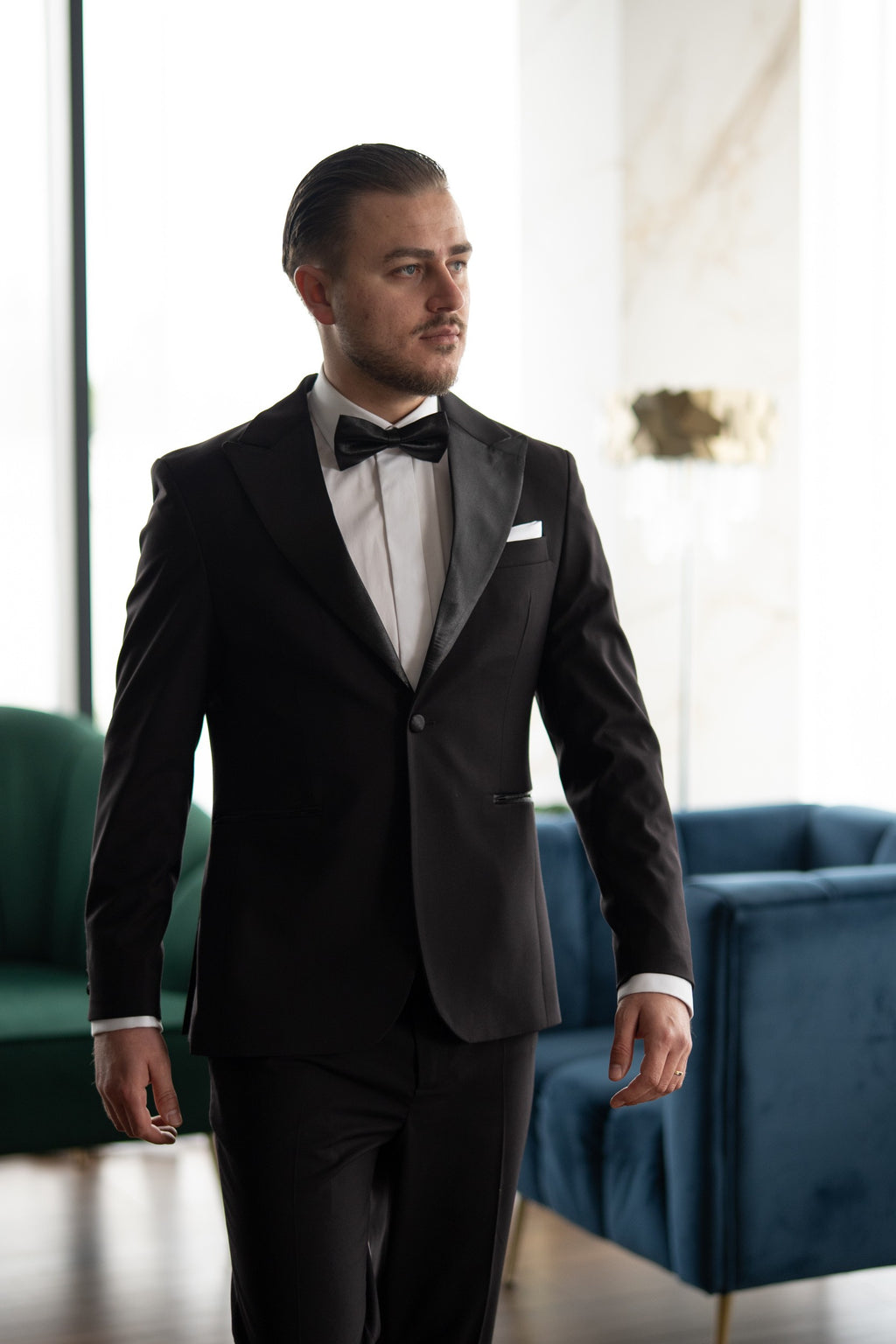 Costum barbati nunta negru Rever Ascutit Tailored Fit Cfg331