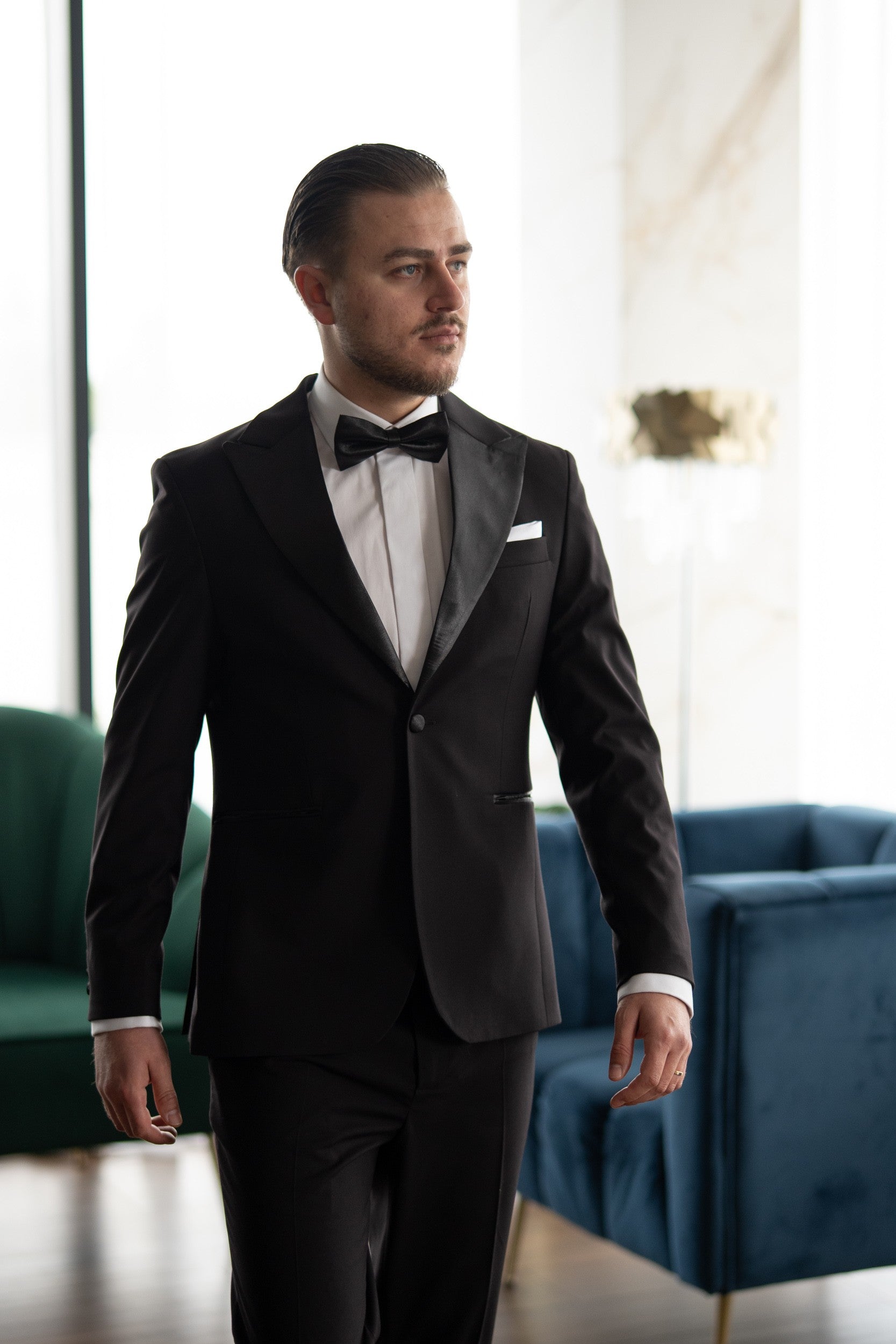 Costum barbati nunta negru Rever Ascutit Tailored Fit Cfg331