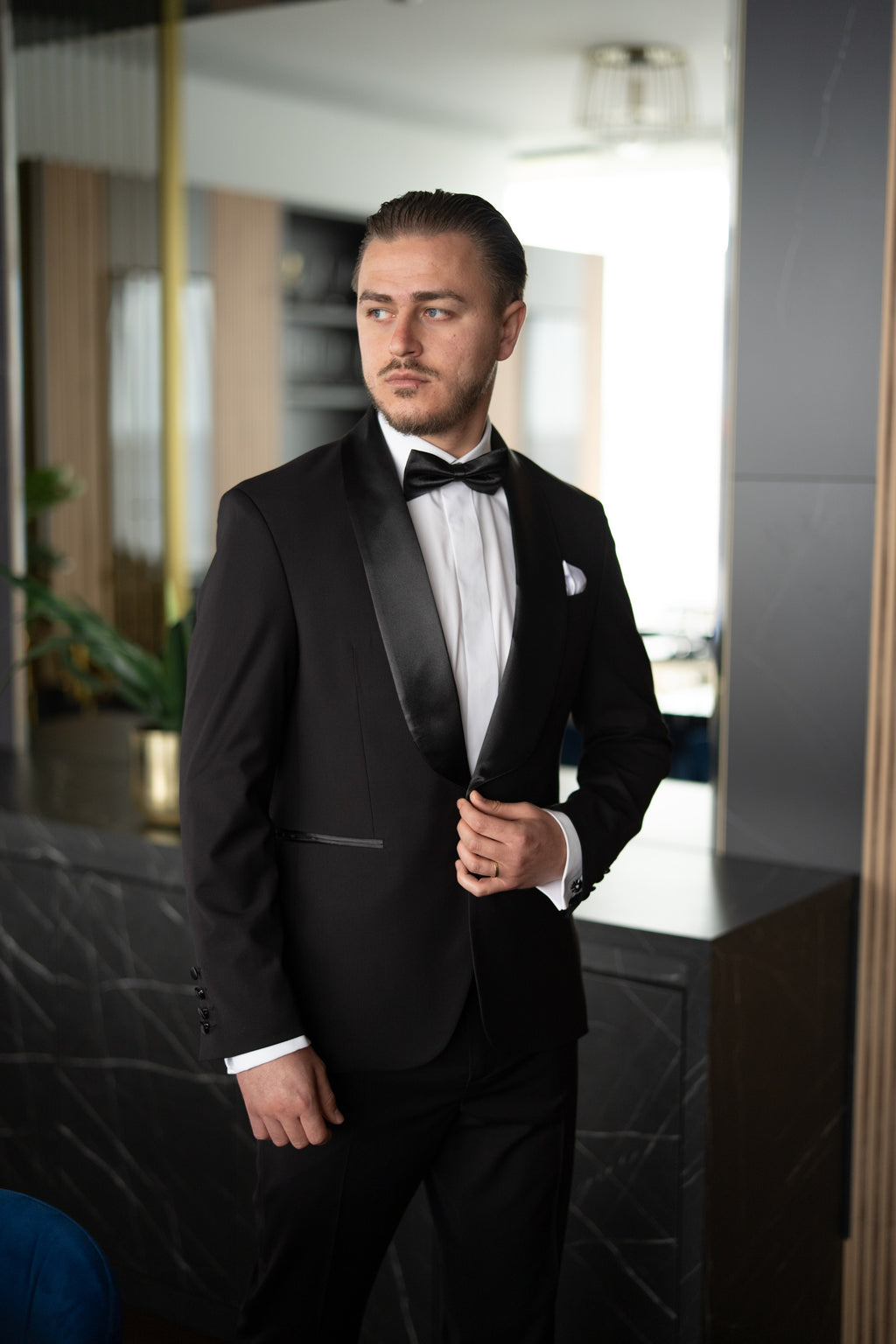 Costum Barbati Ceremonie Negru Rever Sal Tailored Fit Cfg340