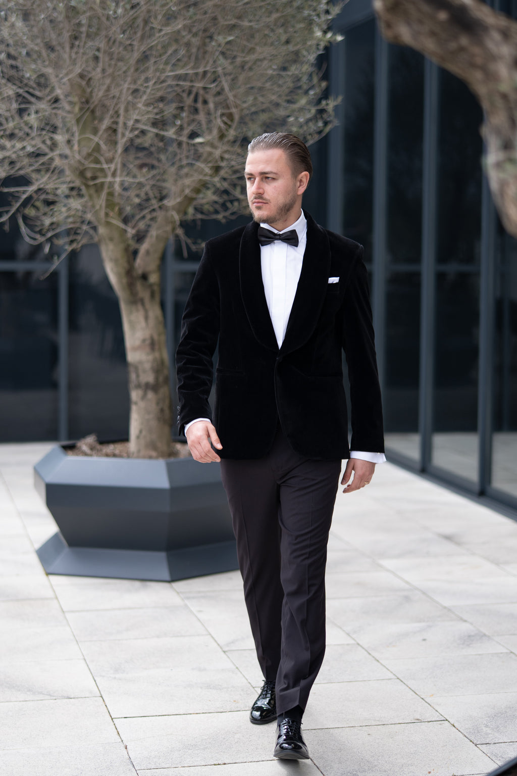 Costum ceremonie catifea negru rever sal