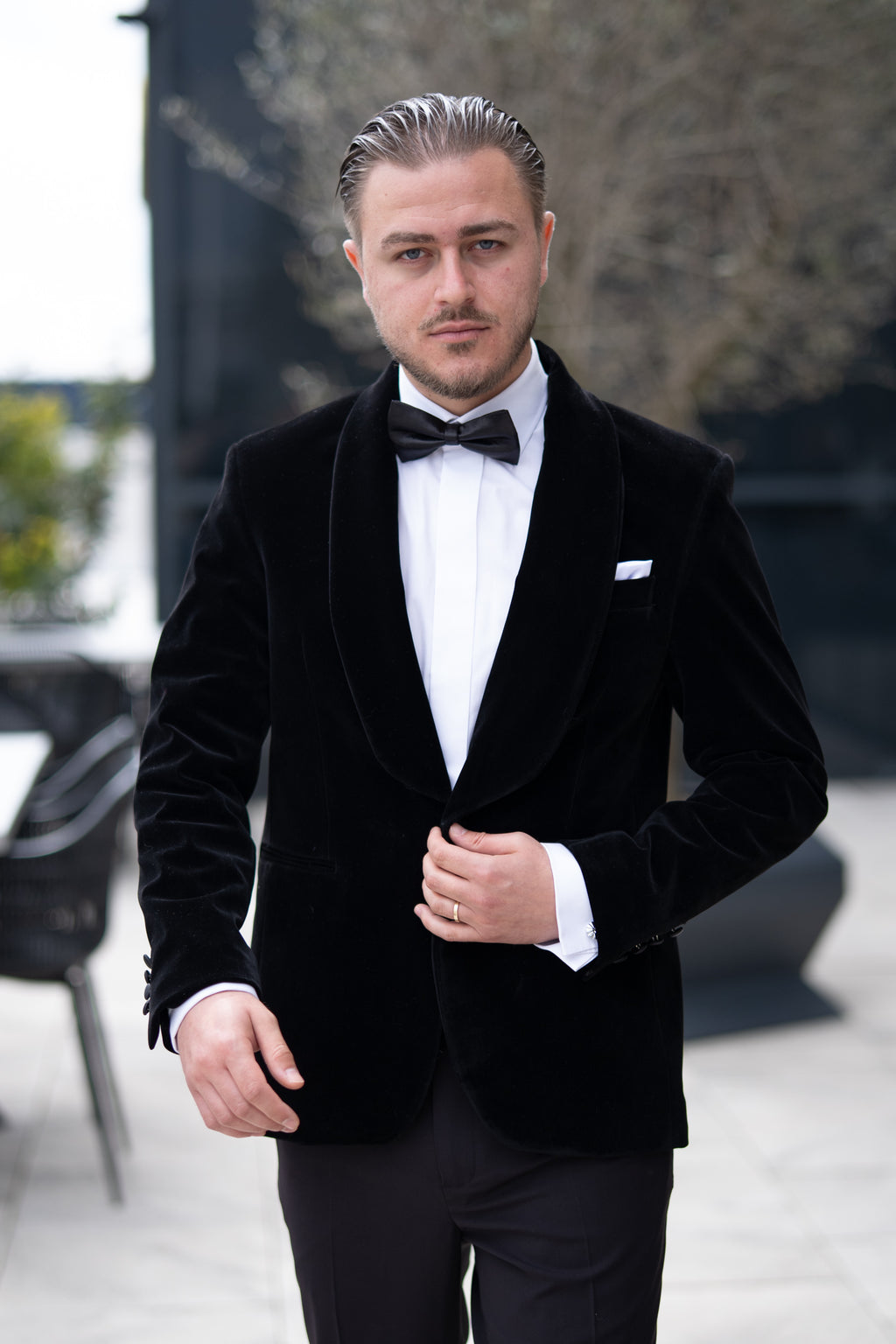 Costum ceremonie catifea negru rever sal
