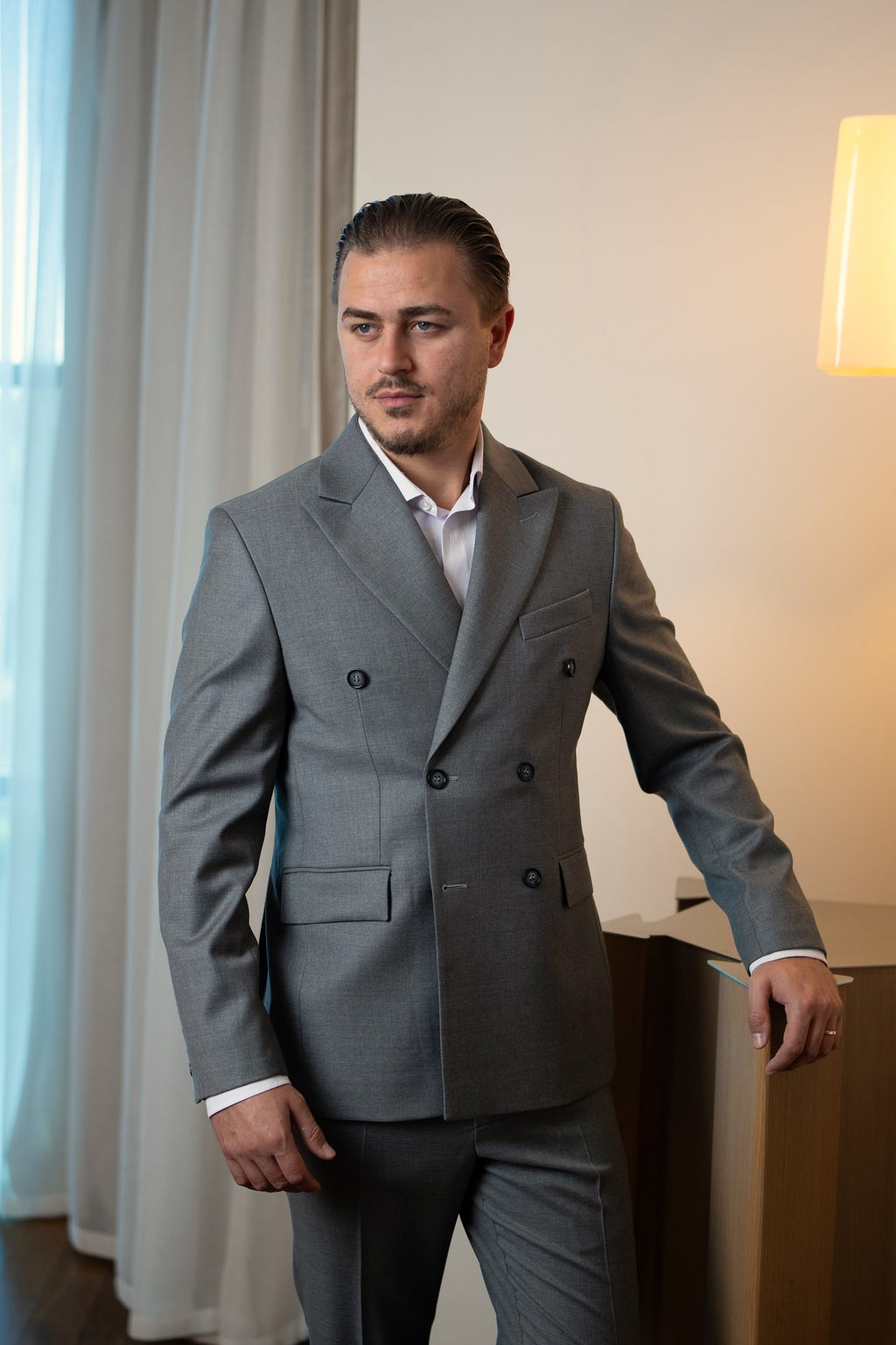 Costum barbati gri doua randuri 100% lana VBC