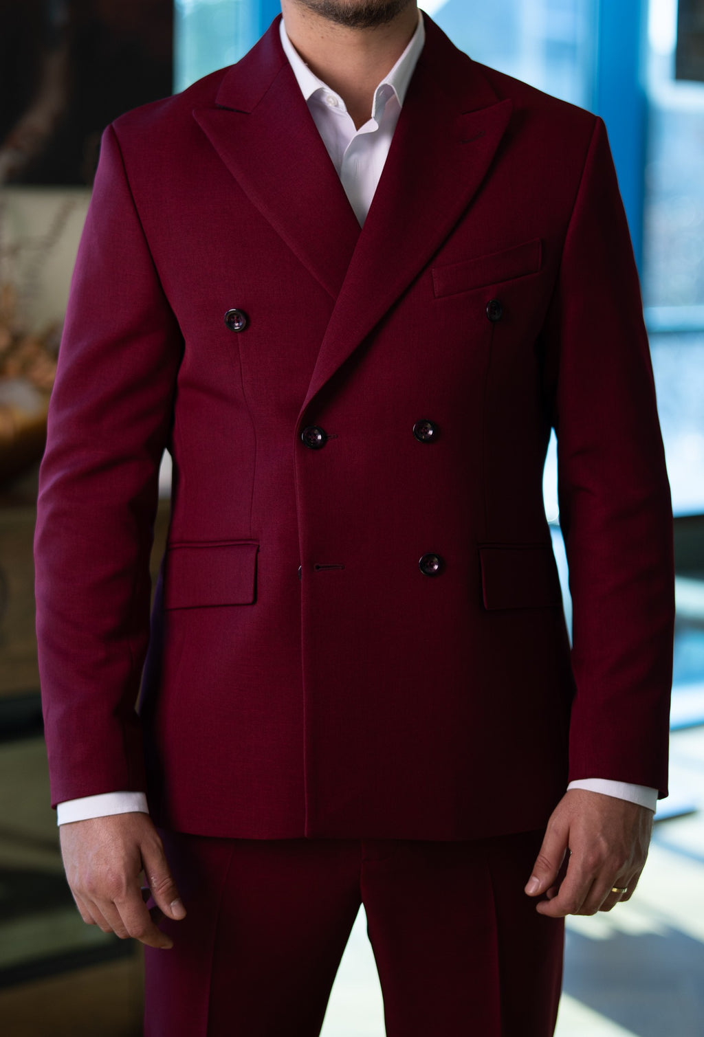 Costum barbati burgundy double breasted