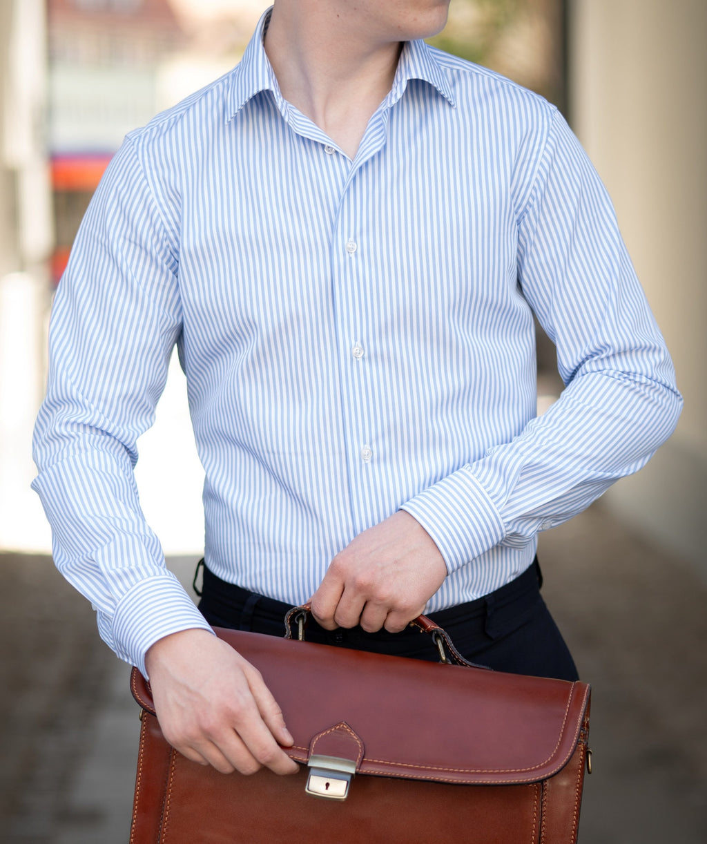 (product) Camasa barbati bumbac in dungi bleu slim fit easy iron Cms05bl-ei