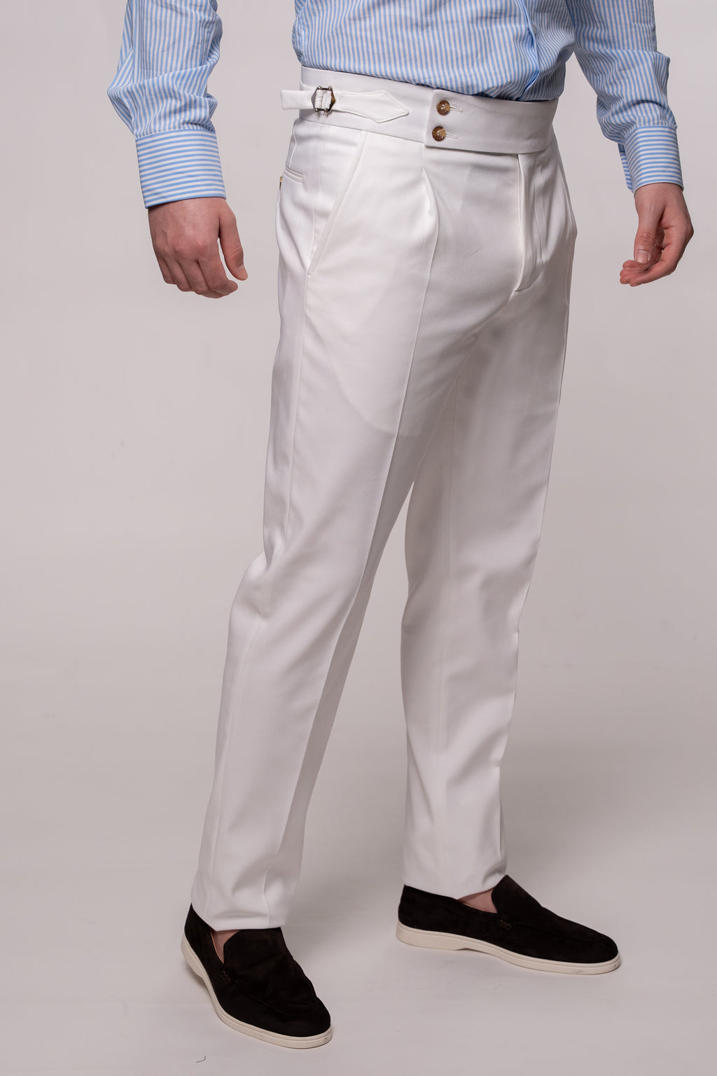 Italian Albi Gurkha pants by CoutureForGentlemen, showcasing tailored fit and stylish design in neutral fabric.