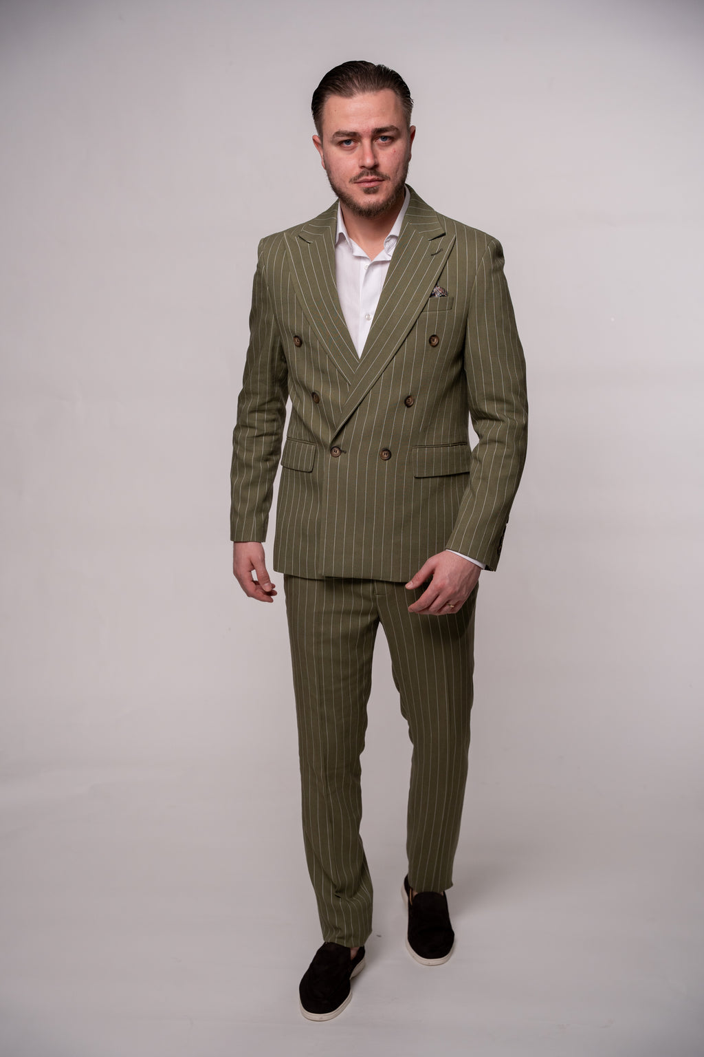 Men's olive green striped linen blazer with two rows of buttons, stylish and tailored for a sophisticated look.