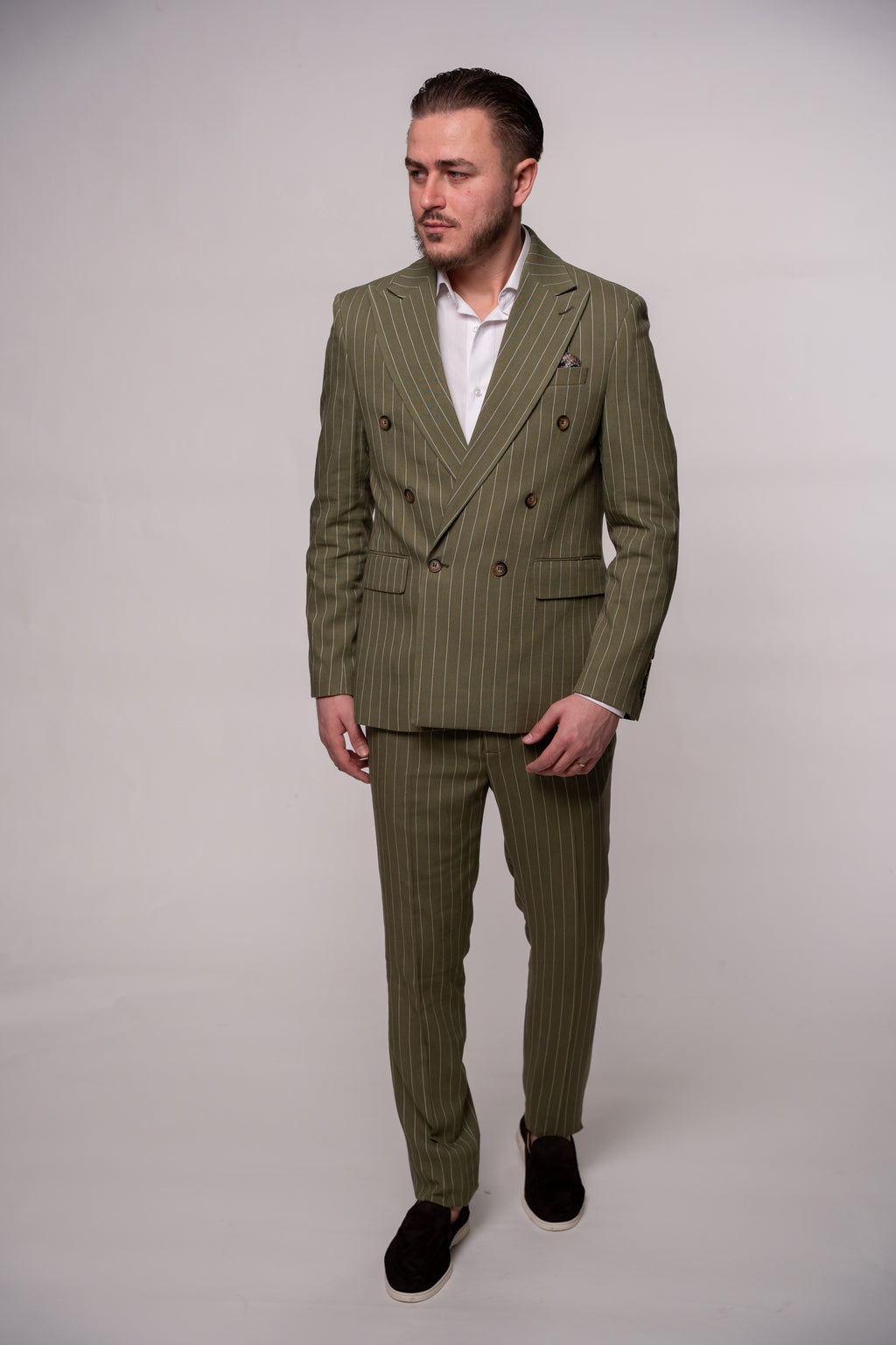 Olive green men's linen blazer with two rows of buttons, featuring striped pattern, designed by CoutureforGentlemen.