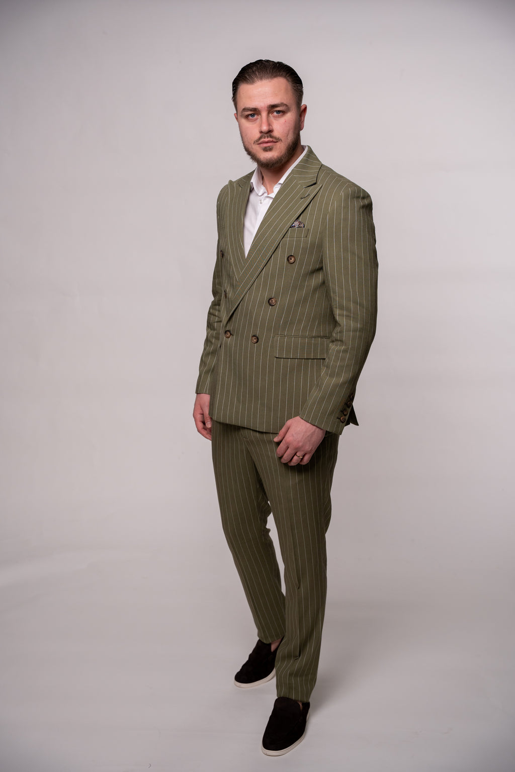 Olive green men's double-breasted linen blazer with vertical stripe pattern, stylish costume by Couture for Gentlemen.